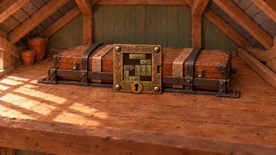 A locked case in the potting shed with brass sliding pieces arranged in its puzzle lock