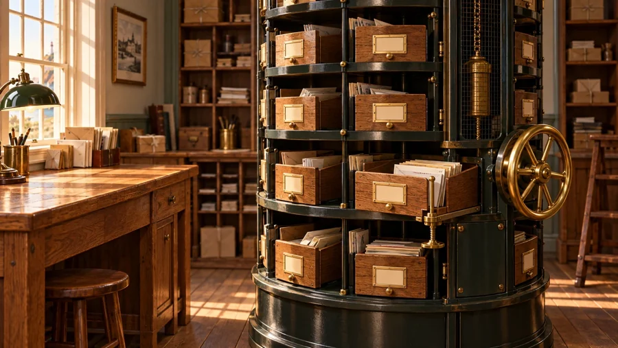 An intricate wooden sorting machine at the Flint Bay post office